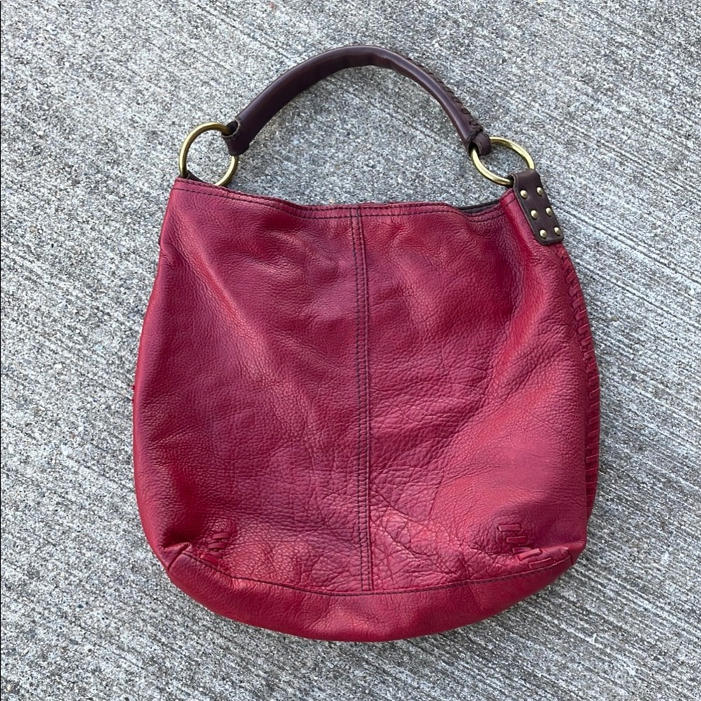 Lucky Brand Large Red Leather Hobo Bag Purse Brown Handle